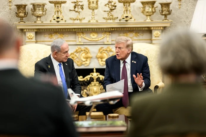 President Donald Trump and Israeli Prime Minister Benjamin Netanyahu hold a joint press conference announcing the US peace plan for Gaza