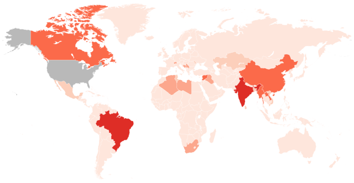 A map showing countries by total confirmed tariffs imposed on them by the United States during the second Trump administration (Last updated on August 1, 2025) This map may be updated at any time