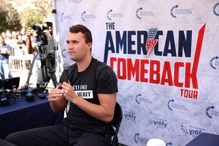 Kirk speaking at Florida State University during an earlier stop of his "American Comeback Tour" on February 27, 2025