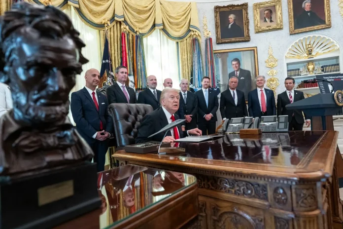 President Donald Trump makes an announcement on lowering drug prices in the Oval Office