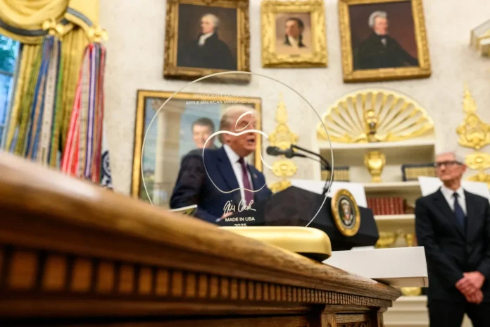 President Donald Trump delivers investment remarks alongside Apple CEO Tim Cook
