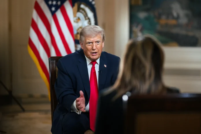 President Donald J Trump participates in an interview with Fox's Maria Bartiromo