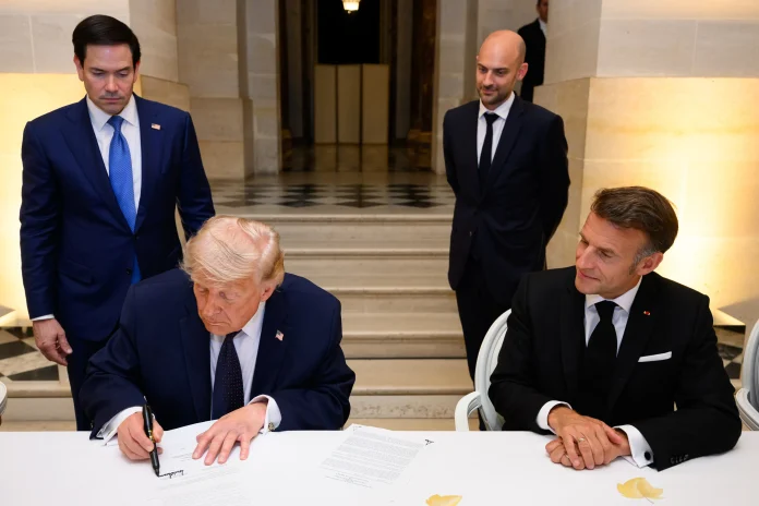President Donald J. Trump signs a Memorandum of Understanding between the Islamic Republic of Iran and the United States at the Palace of Versailles, France on June 17, 2026
