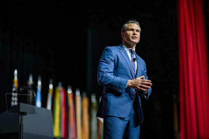 Secretary Pete Hegseth of the Department of War makes remarks at a gathering of top military leadership, Tuesday, September 30, 2025, at Marine Corps University in Quantico, Virginia.