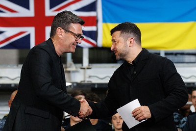 Prime Minster Andy Burnham meets Ukrainian President Volodymyr Zelenskyy on the Queen Elizabeth II aircraft carrier.